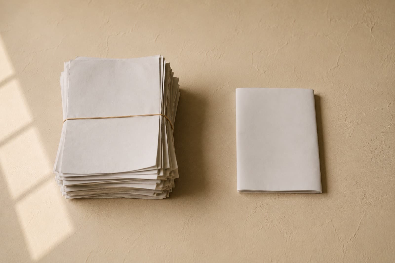 A thick bundle of paper tied with a band beside one single folded sheet