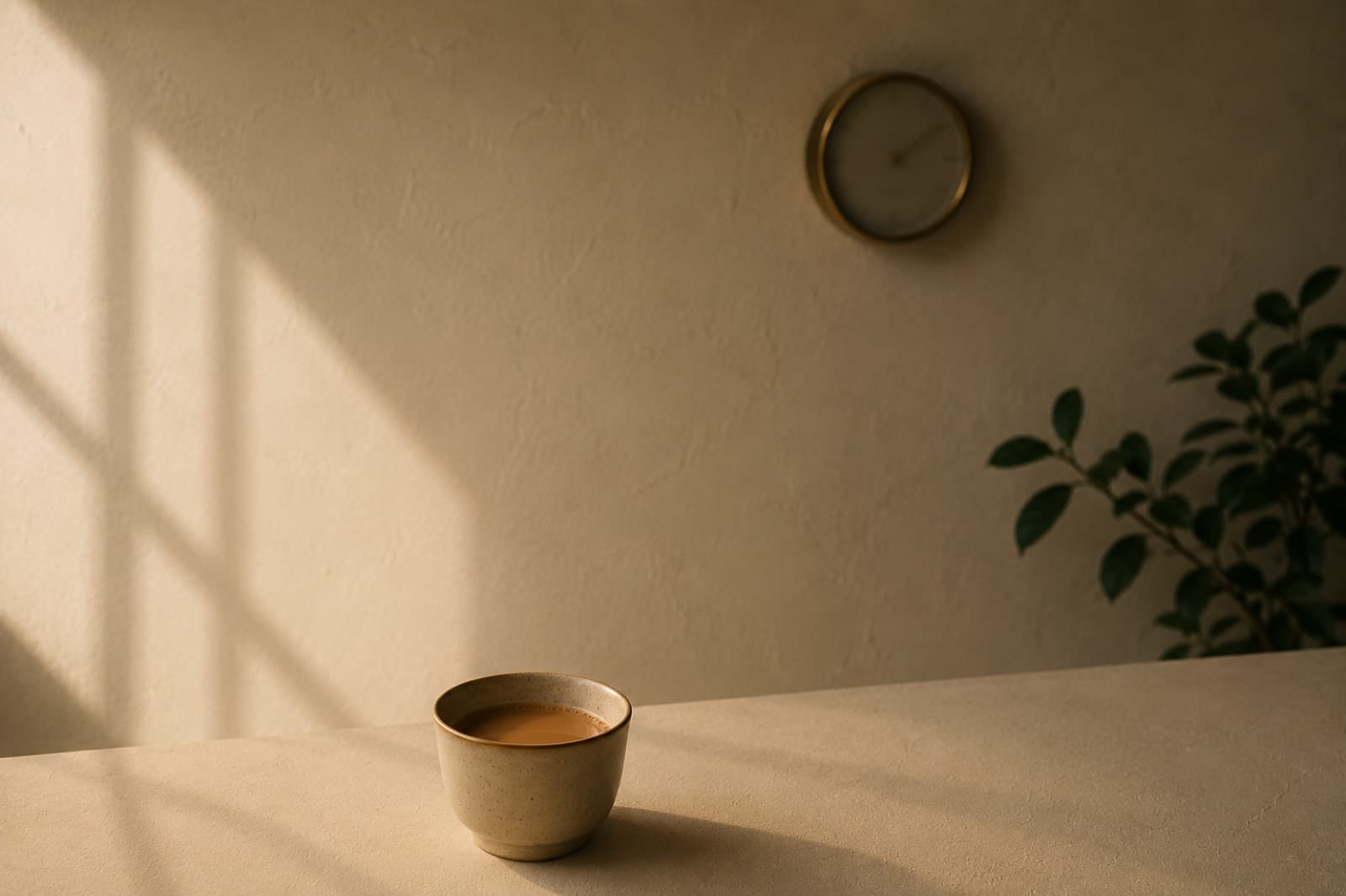 A cup of chai on a sunlit ledge with a brass wall clock behind it