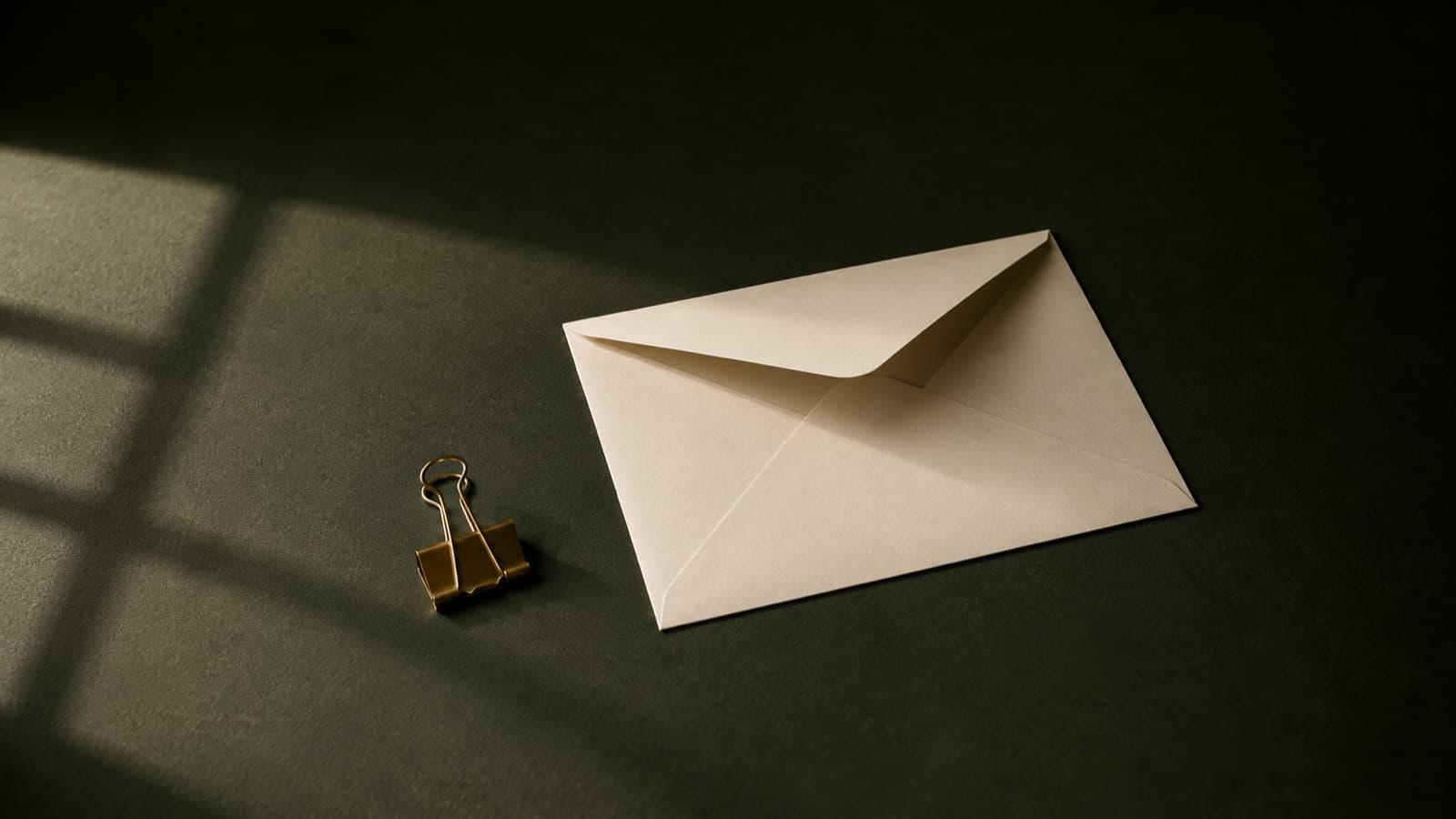 An unsealed cream envelope beside a brass clip