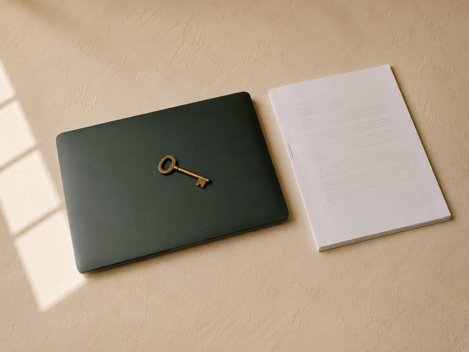 A closed dark green laptop with a brass key resting on its lid, beside a printed document