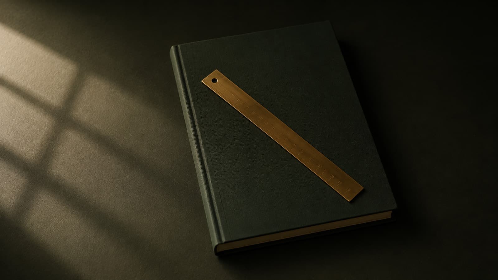 A closed dark green hardbound ledger with a brass ruler laid across the cover