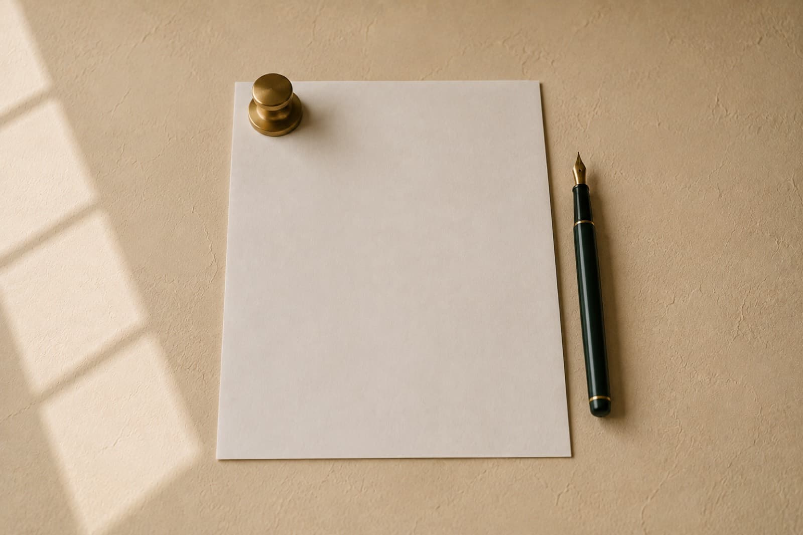A single sheet of paper held by a brass paperweight with a fountain pen beside it